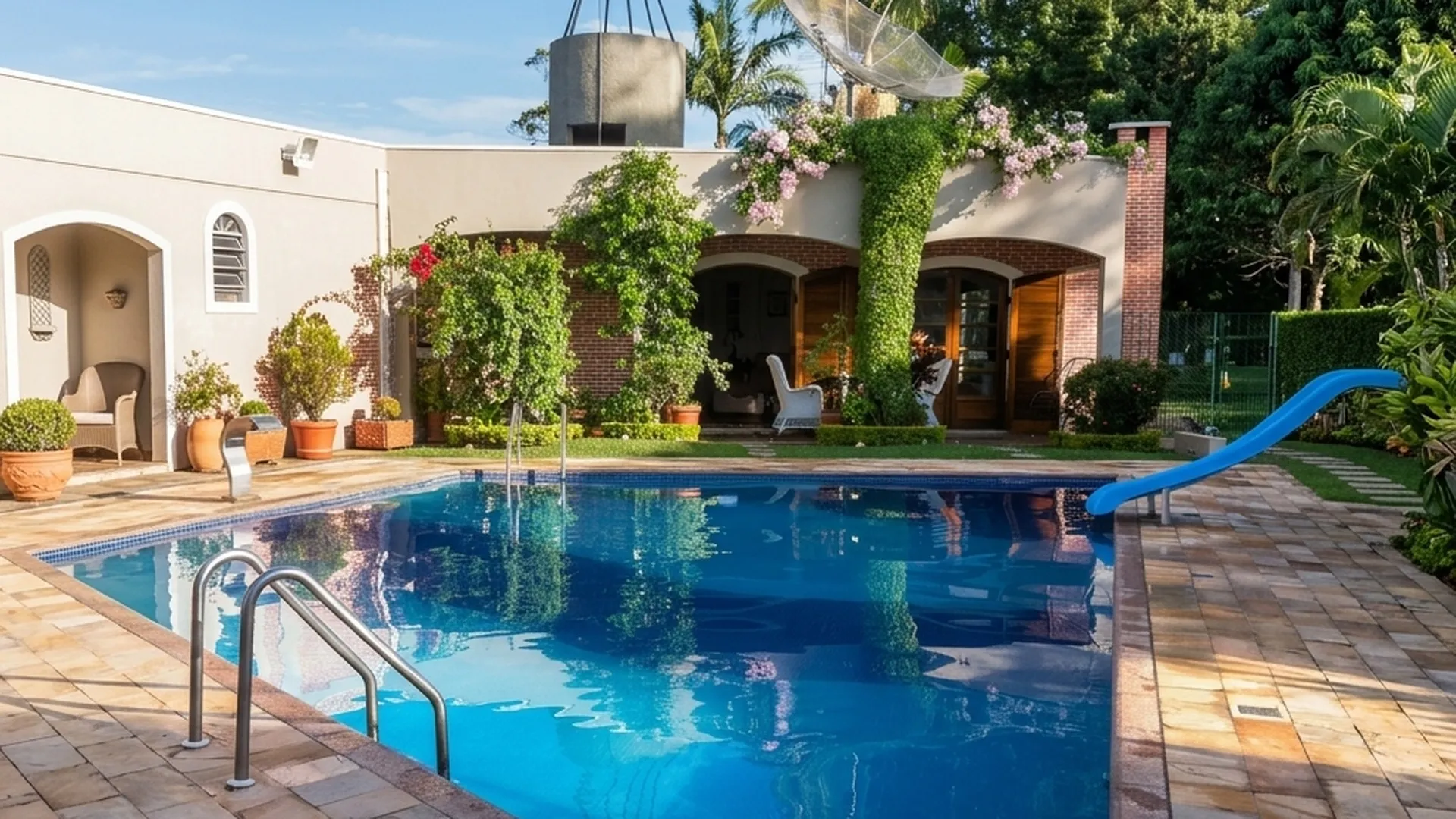 Piscina com escorregador e fachada em tijolo aparente, chácara em Atibaia
